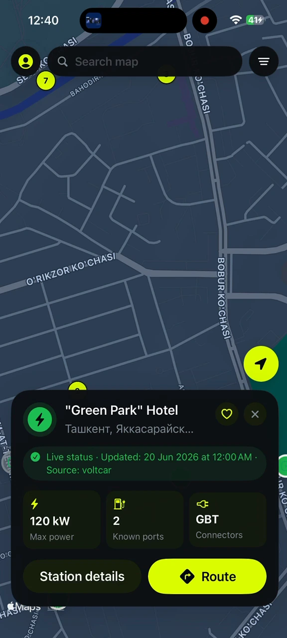 Видеодемонстрация UniVolt: карта зарядных станций и просмотр карточки станции